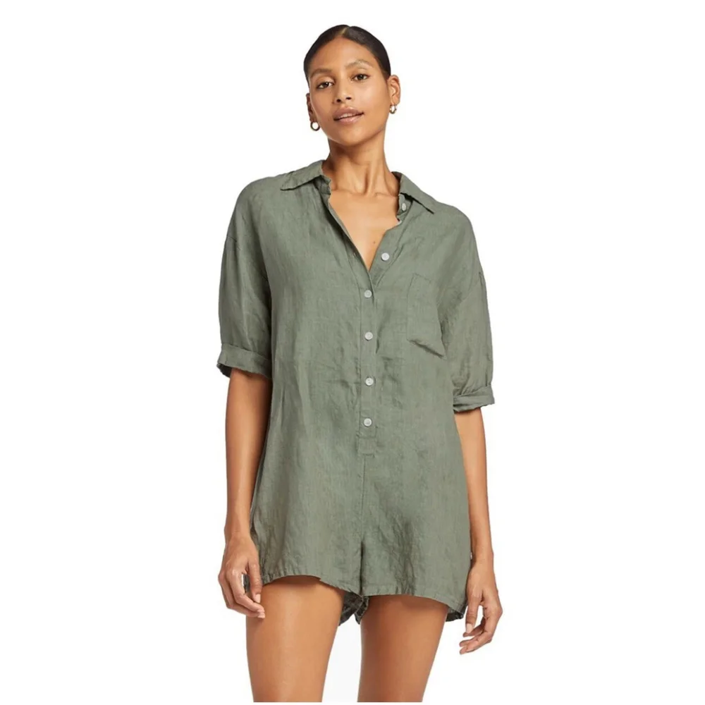 VITAMIN A Green Linen Playa Romper Size Medium Beach Coverup Belted NWOT Coastal - Picture 2 of 7